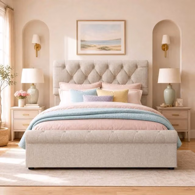 Letto Contenitore REDOM Beige con 4 Cassetti e Materasso Ibrido Incluso L/P: 140 x 200 cm