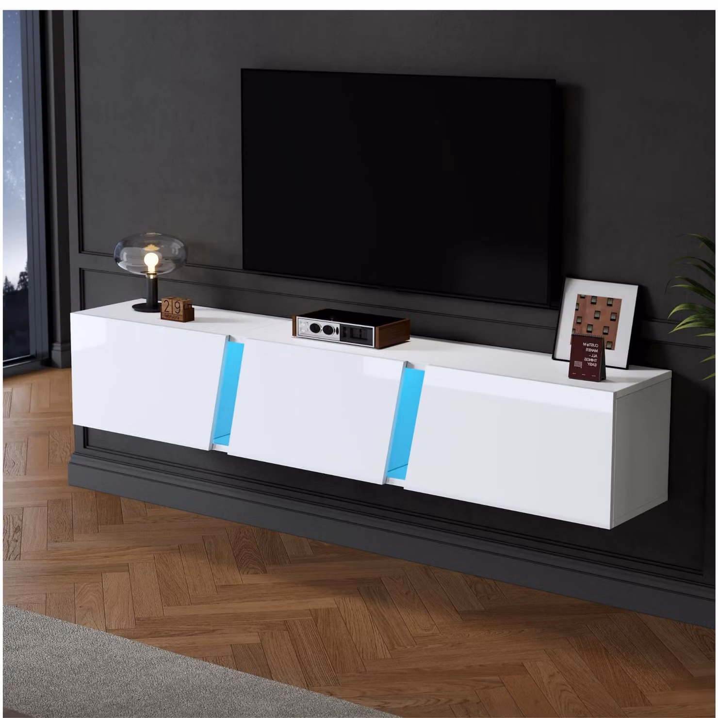 Mobile TV sospeso con striscia LED e design minimalista, finitura lucida, L/P/H: 180 x 35 x 30 cm, Bianco e Blu – 2