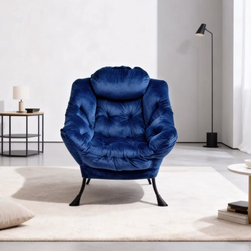 Poltrona Relax Minimal con Poggiapiedi e Braccioli in Velluto Blu Scuro – 2