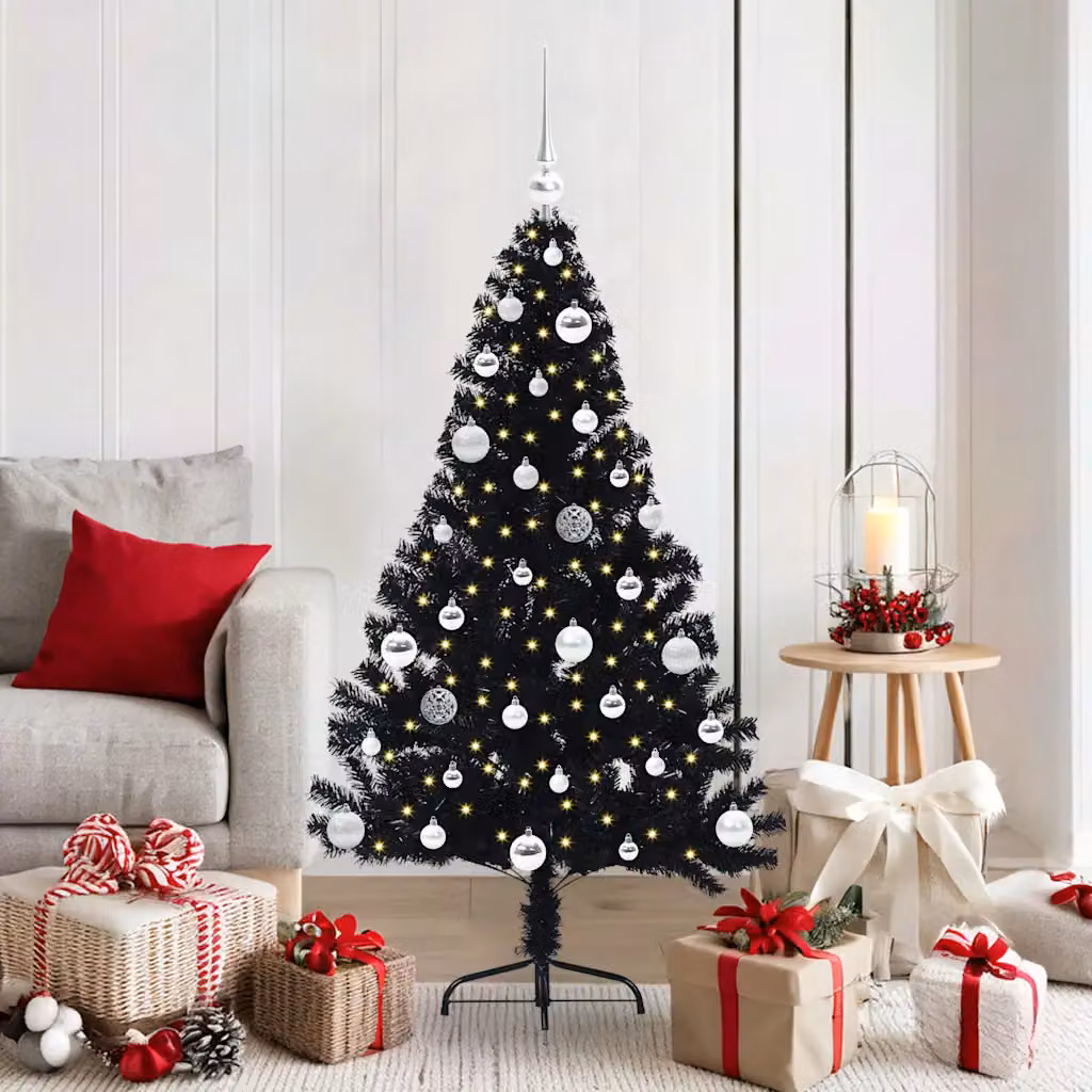 Albero di Natale artificiale moderno vidaXL con luci LED bianco caldo, colore nero, in PVC e metallo, Altezza: 150 cm