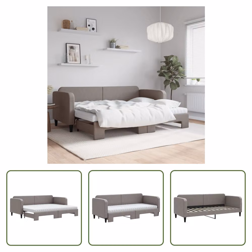 The Living Store Letto da giorno allungabile con materassi Taupe 80x200 cm in tessuto