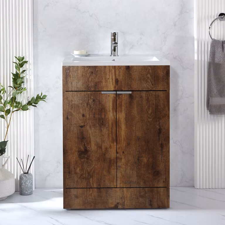 Mobile Bagno a Terra Rovere Scuro da 610mm con Lavabo e Maniglie con Impugnatura a Dito Cromate - Cluo