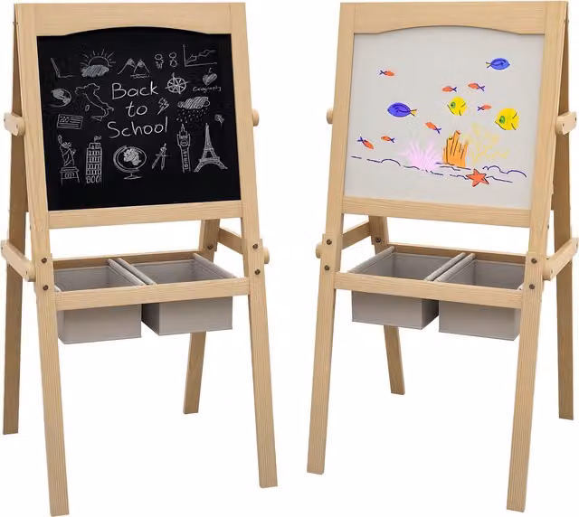 Lavagna per bambini AIYAPLAY 3 in 1 con cavalletto e cestini, colore legno, L: 58 cm, P: 50.5 cm, H: 109 cm