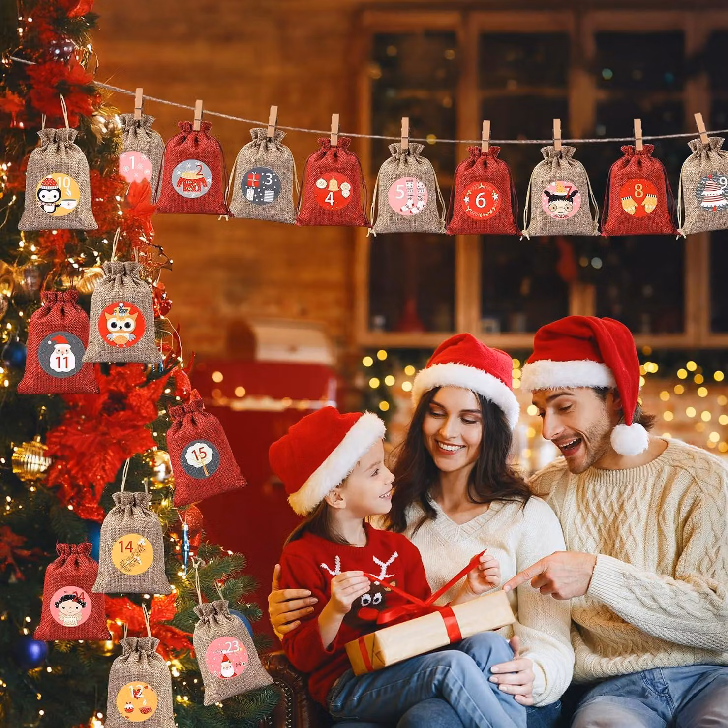 Kit per creare un calendario dell'Avvento fai-da-te 2025-24: include sacchetti di stoffa da riempire, fermagli in legno, corda e adesivi