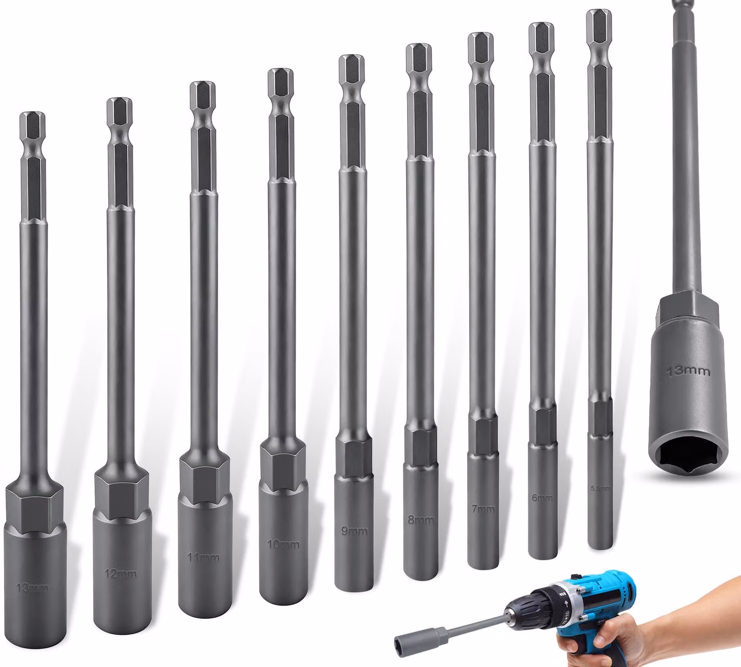 Set di 9 chiavi a bussola esagonali extra lunghe da 150 mm, compatibili con trapano