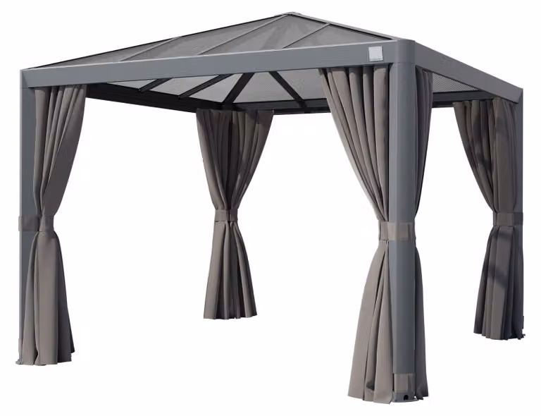 PRIMEYARD Gazebo da Giardino 3x3 m Tetto Hardtop in Policarbonato con 4 Teli Laterali in Grigio