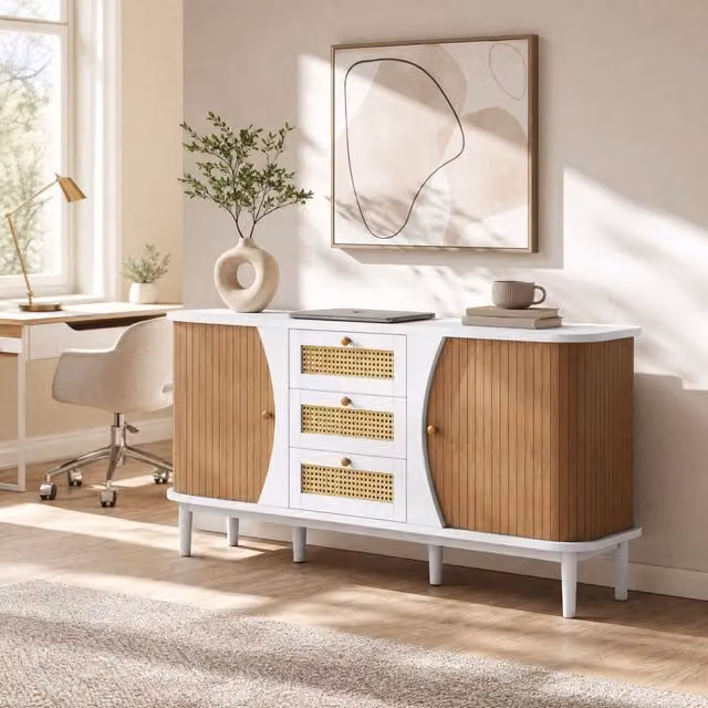 Credenza con 3 cassetti in rattan e ripiani regolabili 140;5x40x76 cm MDF e truciolare bianca
