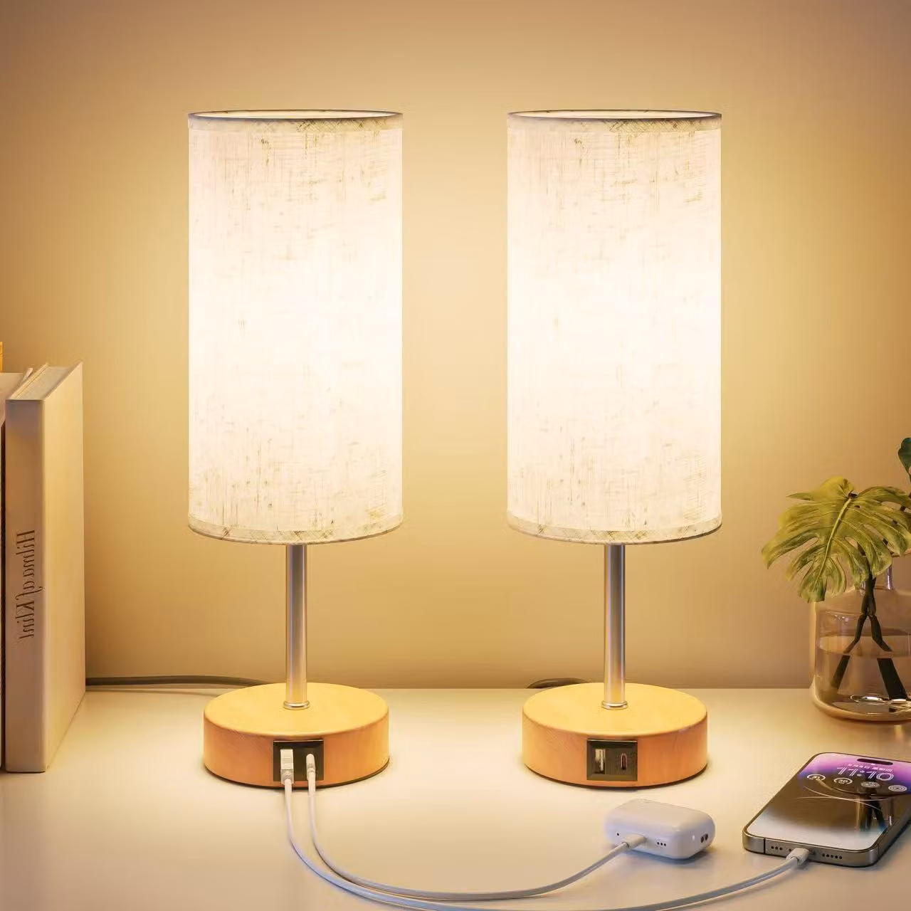 UPXNBOR, set di 2 lampade da comodino con controllo touch, lampade da tavolo dimmerabili con funzione di ricarica