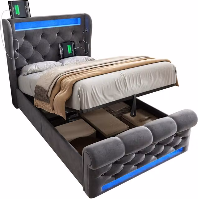 Letto singolo 90x200 in velluto grigio con LED， USB Type-C e contenitore， senza materasso