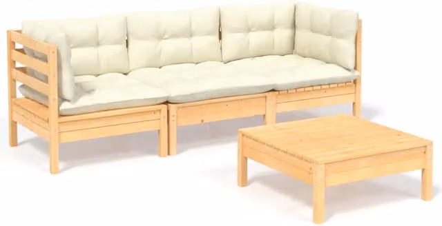 Set Salotto da Giardino Moderno 4 Pezzi in Legno di Pino con Cuscini Beige per Esterno
