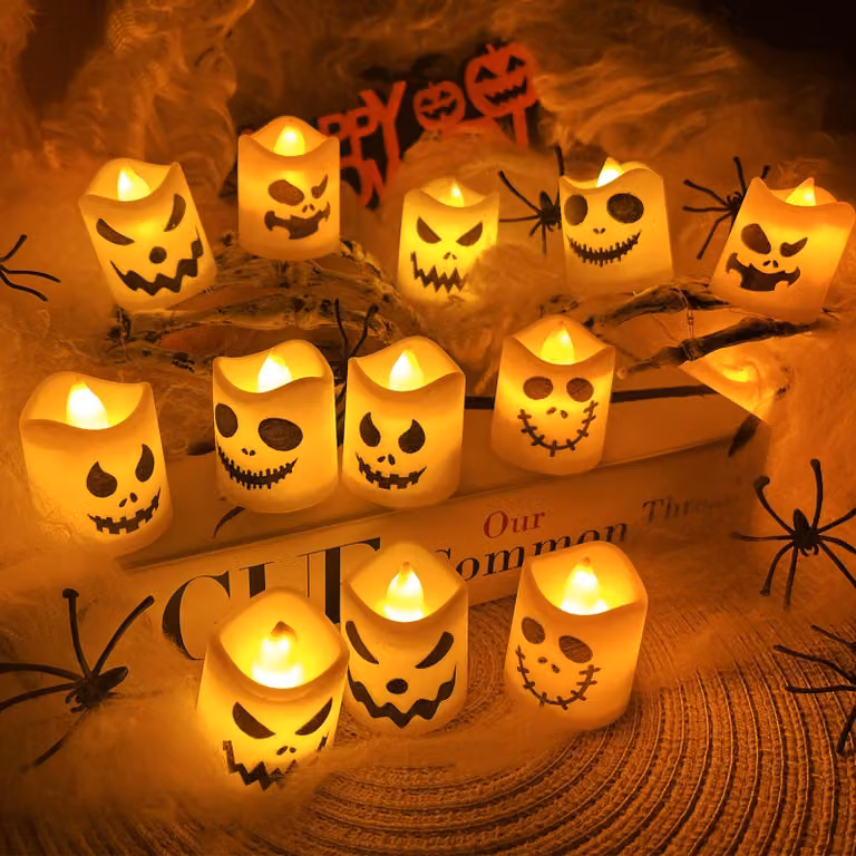 12 candele decorative a LED per Halloween, senza fiamma, dal design spaventoso, a forma di zucca