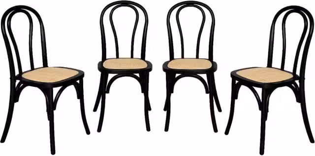 Set 4 sedie vintage in legno e rattan, nero