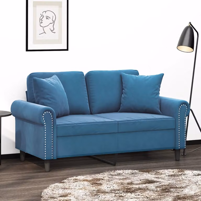 vidaXL Divano a 2 Posti Moderno in Velluto Blu con Cuscini e Struttura in Metallo L: 152 cm, P: 80 cm, H: 77 cm