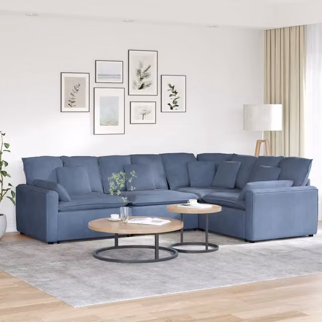 Divano Modulare con Cuscini in Tessuto a Coste Blu 3321170