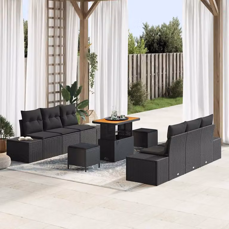 Set Divano da Giardino vidaXL 9 Pezzi Nero con Cuscini e Tavolino in Rattan e Metallo