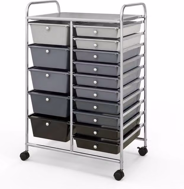 Carrello multiuso DESIGN IN con 15 cassetti estraibili e ruote con freno, Argento – 1