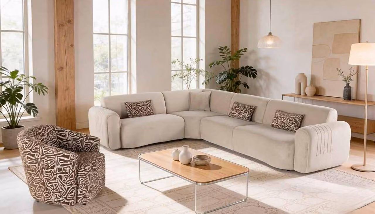 Divano angolare, poltrona, soggiorno, stile moderno, colore beige, nuovo, comodo, pratico