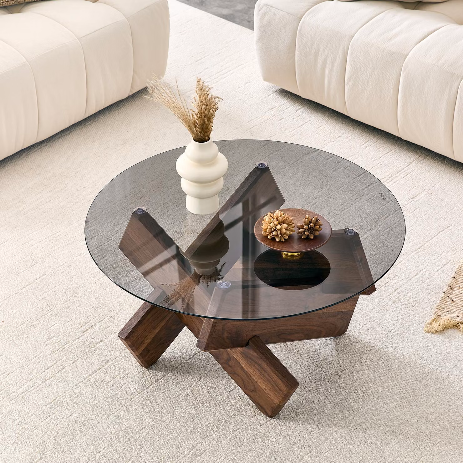Tavolino da caffè rotondo, in vetro, con struttura in legno e aspetto marmorizzato, diametro 79 cm, altezza 45 cm (noce)