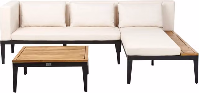 Set da giardino Beliani in stile scandinavo con divano angolare a 3 posti, tavolino e cuscini beige, struttura in alluminio verniciato e legno di acacia, lato sinistro