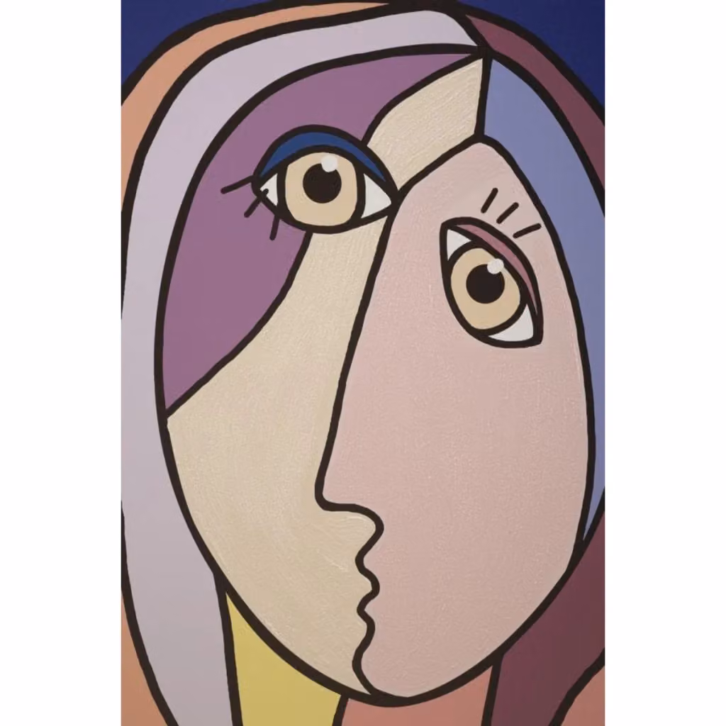 Stampa su tela Vikasa Home con volto femminile cubista astratto multicolore su fondo blu, L 80 cm x H 120 cm – 2