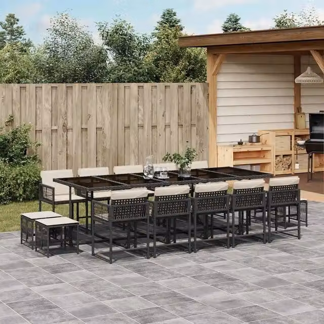 Set da pranzo da giardino vidaXL in polyrattan nero con cuscini e tavolo in vetro per 15 persone