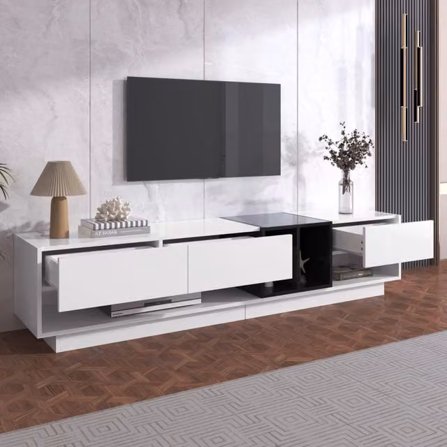 Mobile TV FOLYNA per soggiorno moderno in legno bianco e nero lucido con 3 cassetti e 2 vani aperti L/P/H: 190 x 40 x 42 cm