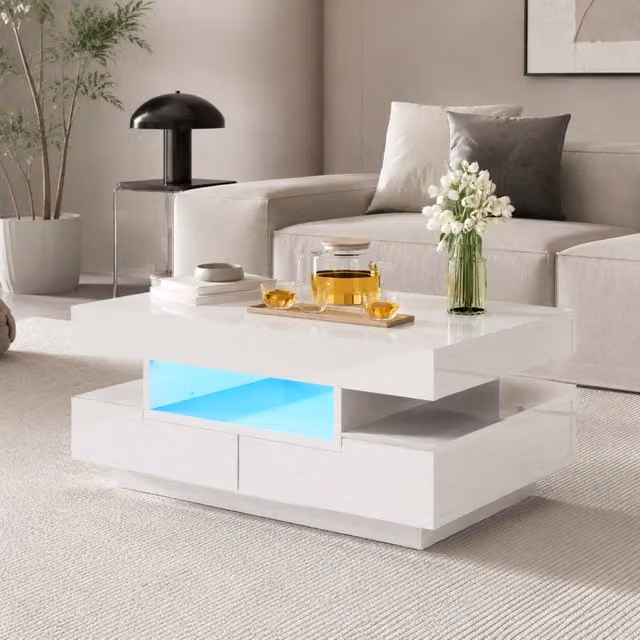 Tavolino da salotto ULEVR 80x50x36 cm con LED regolabile, 4 cassetti e 3 vani aperti, bianco lucido