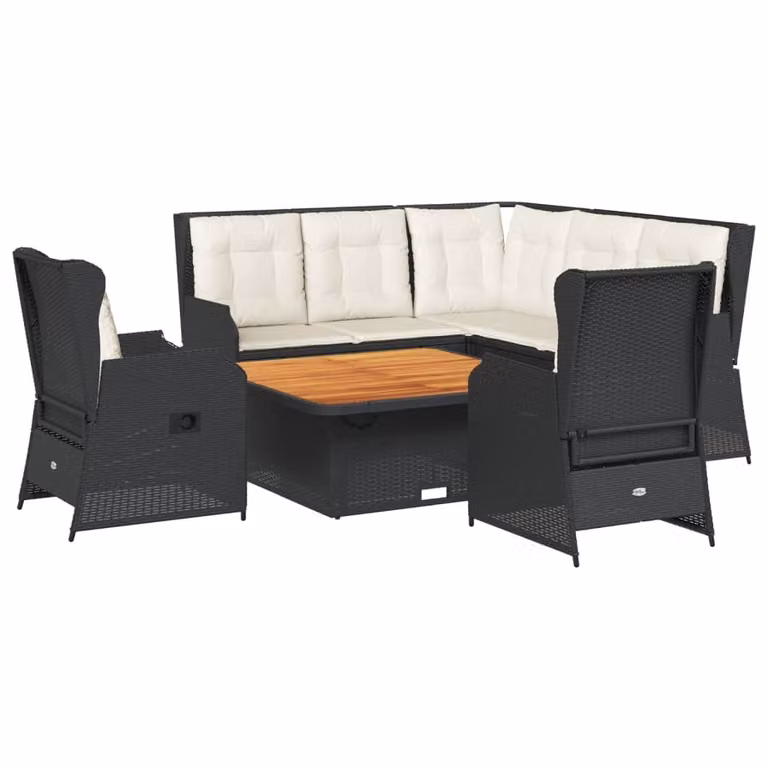 set 6 pezzi da giardino con cuscini in poly rattan nero