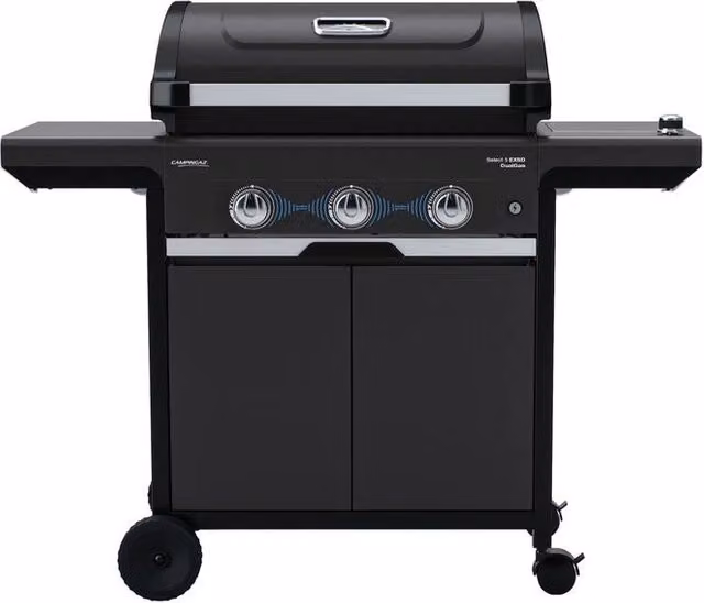 Barbecue a gas Campingaz 3 Series Select nero con carrello, ruote e fornello laterale in acciaio inox