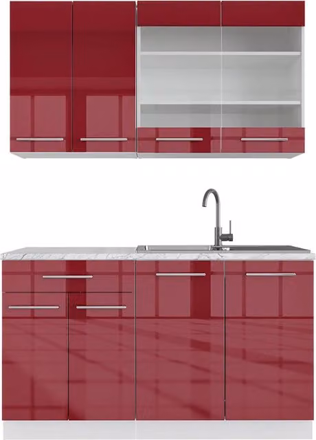 Cucina completa Fame-Line Bordeaux lucido/Bianco 140 cm, PL Marmo Vicco