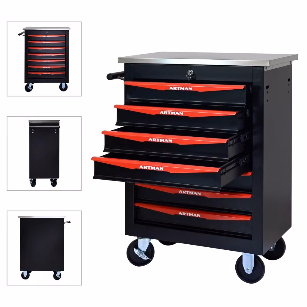 Carrello portautensili multifunzione WISHDOR con 7 cassetti in acciaio, nero e rosso, con ruote e chiusura di sicurezza, L/P/H: 78,0 x 62,5 x 34,5 cm – 2