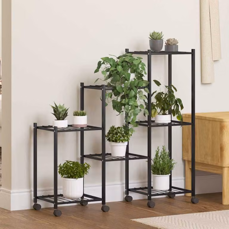 vidaXL Portafiori Moderno in Metallo Nero Opaco con Ruote, L/P/H: 83 x 25 x 83,5 cm