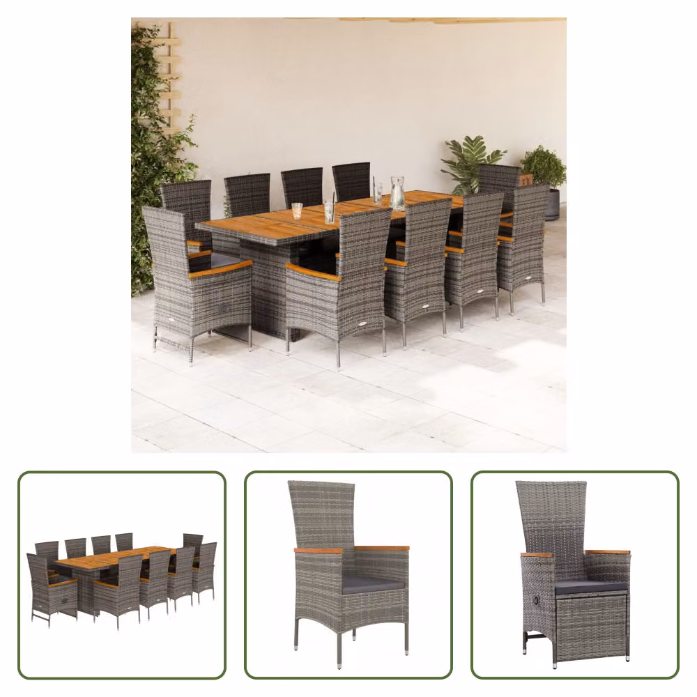 The Living Store Set da pranzo da giardino 11 pezzi con cuscini in poly rattan grigio