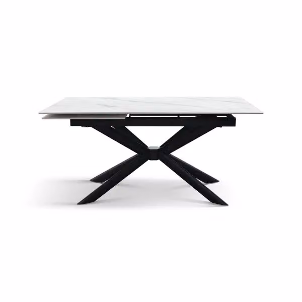 Tavolo SILVES in ceramica, finitura bianco statuario e gambe in metallo nero, allungabile 160×90 – 210×90 cm