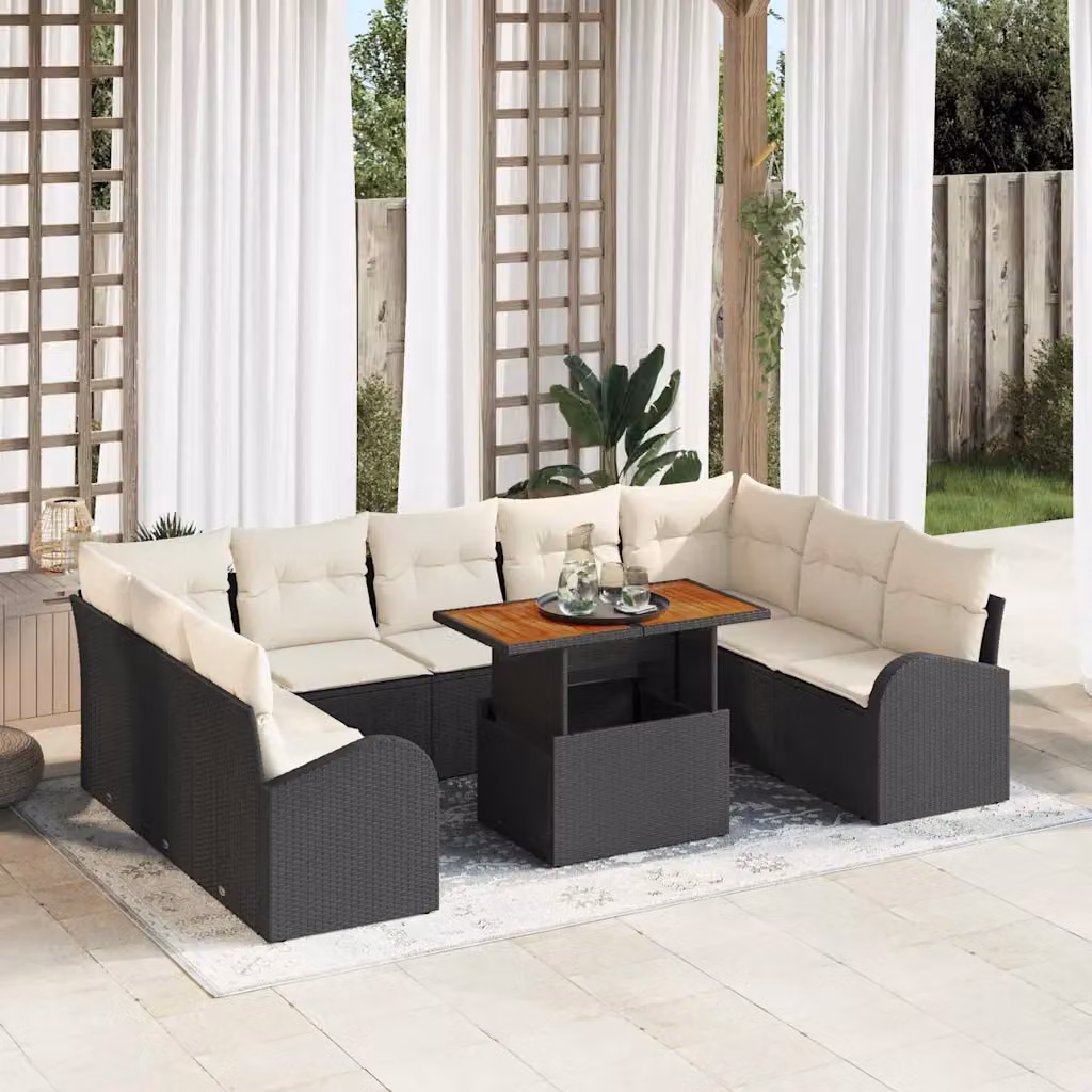 Set Divano da Giardino vidaXL 10 Pezzi in Polyrattan Nero e Beige con Cuscini Rimovibili – 1
