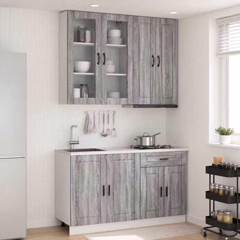 Set di mobili da cucina moderna vidaXL PORTO in 4 pezzi, colore grigio, con ante in vetro e ripiani interni, in legno ingegnerizzato MDF