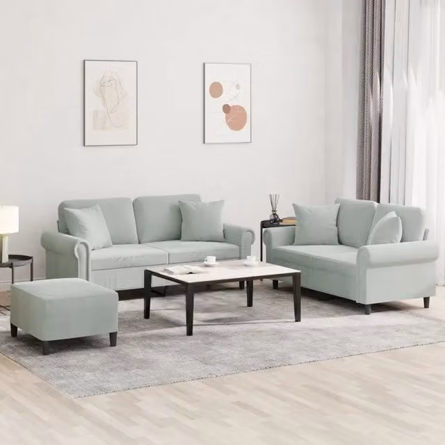 Set di 3 divani vidaXL in velluto grigio con cuscini per soggiorno in stile moderno L: 152 cm, P: 80 cm, H: 76 cm