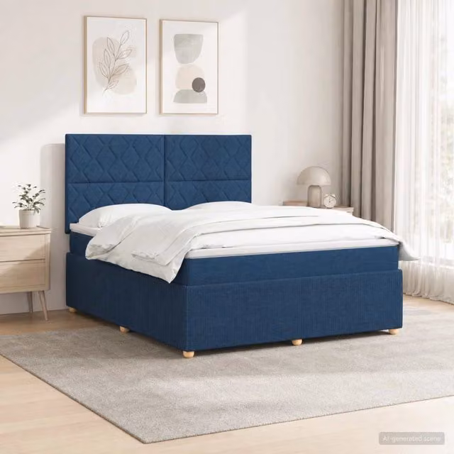 Letto Box Spring vidaXL con Materasso Ibrido e Illuminazione LED Sotto il Letto, Tessuto Blu e Bianco, L/P: 140 x 190 cm