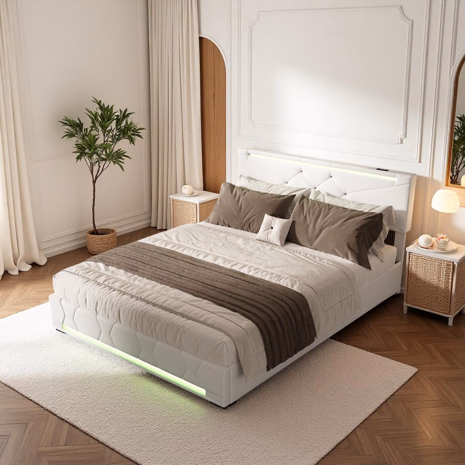Letto idraulico ProximaX 160×200 cm in beige – tessuto di lino, illuminazione a LED sulla testiera e sulla pediera, porta USB, ampio vano contenitore – Ideale per la camera da letto
