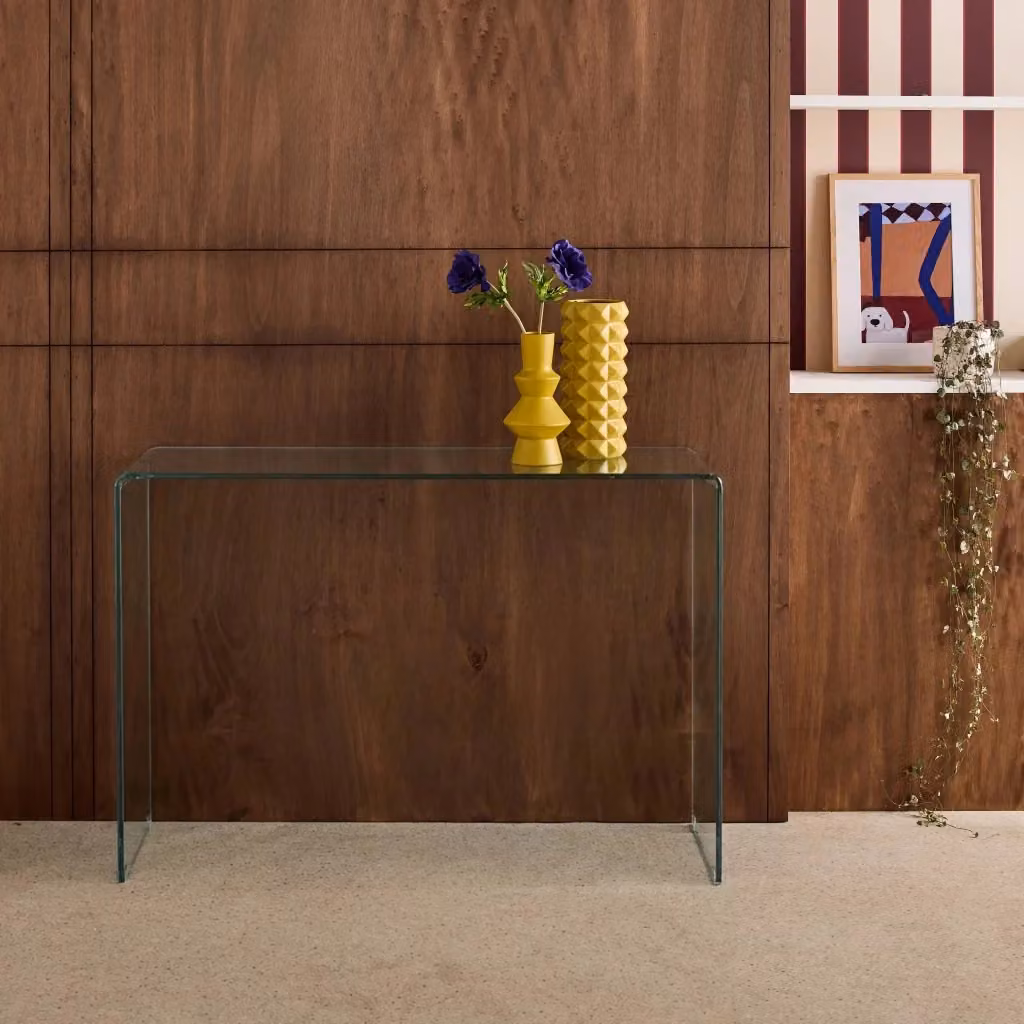 Console rettangolare moderna Sweeek in cristallo temperato trasparente, L: 110 cm, P: 35 cm, H: 75 cm – 2