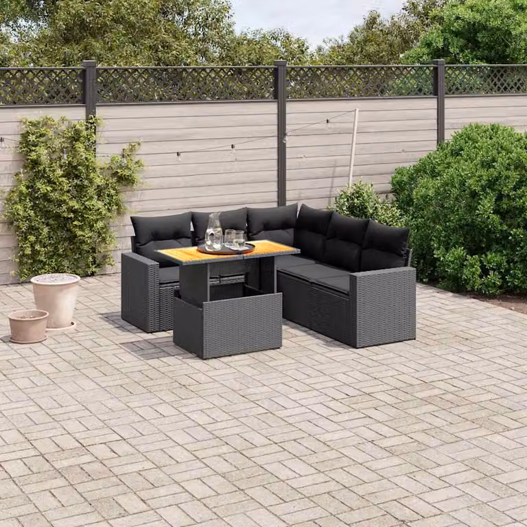 vidaXL Set Divano da Giardino a L in Polyrattan Nero con Cuscini e Tavolino da 6 Pezzi
