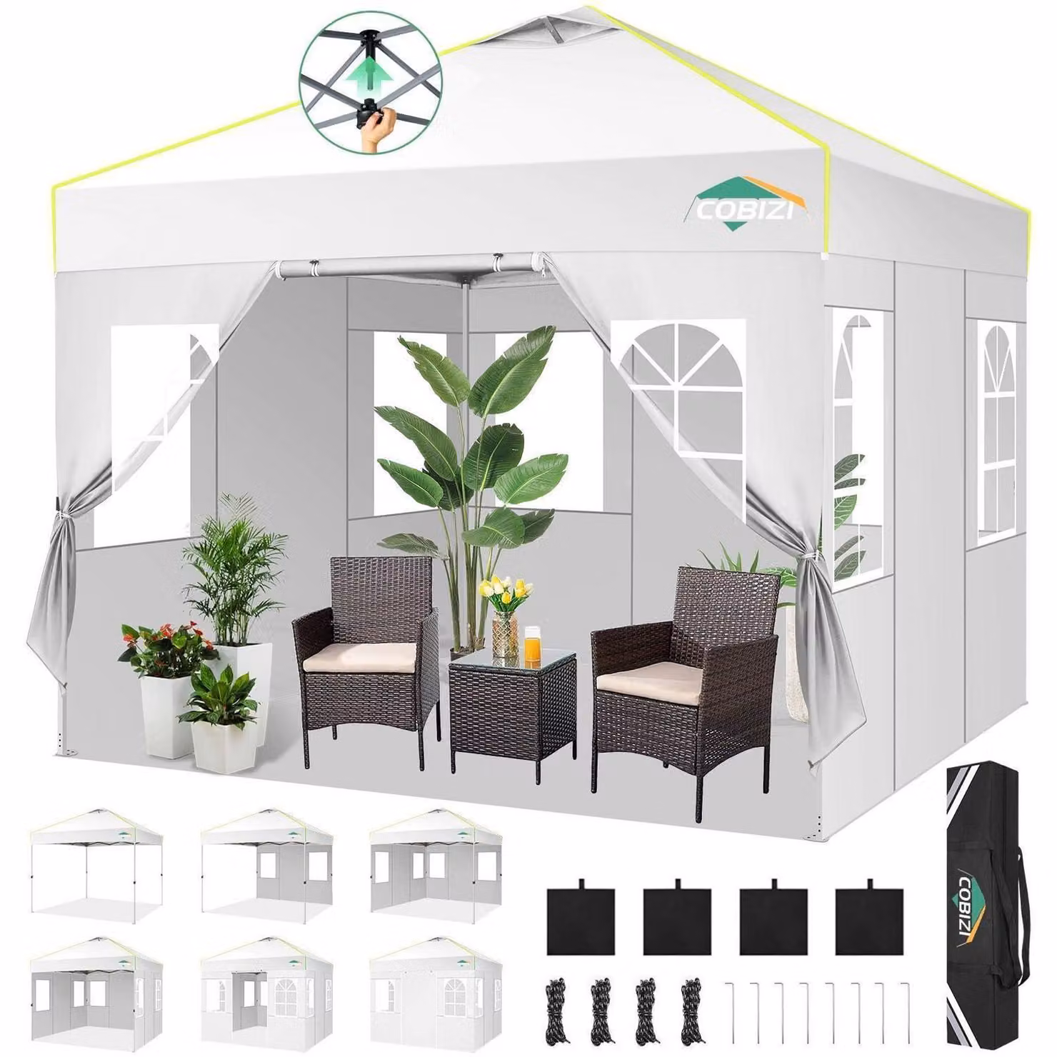 Gazebo da esterno 3x3 metri, bianco, impermeabile, resistente alle intemperie invernali, con 4 pareti laterali, altezza regolabile, protezione UV 50+