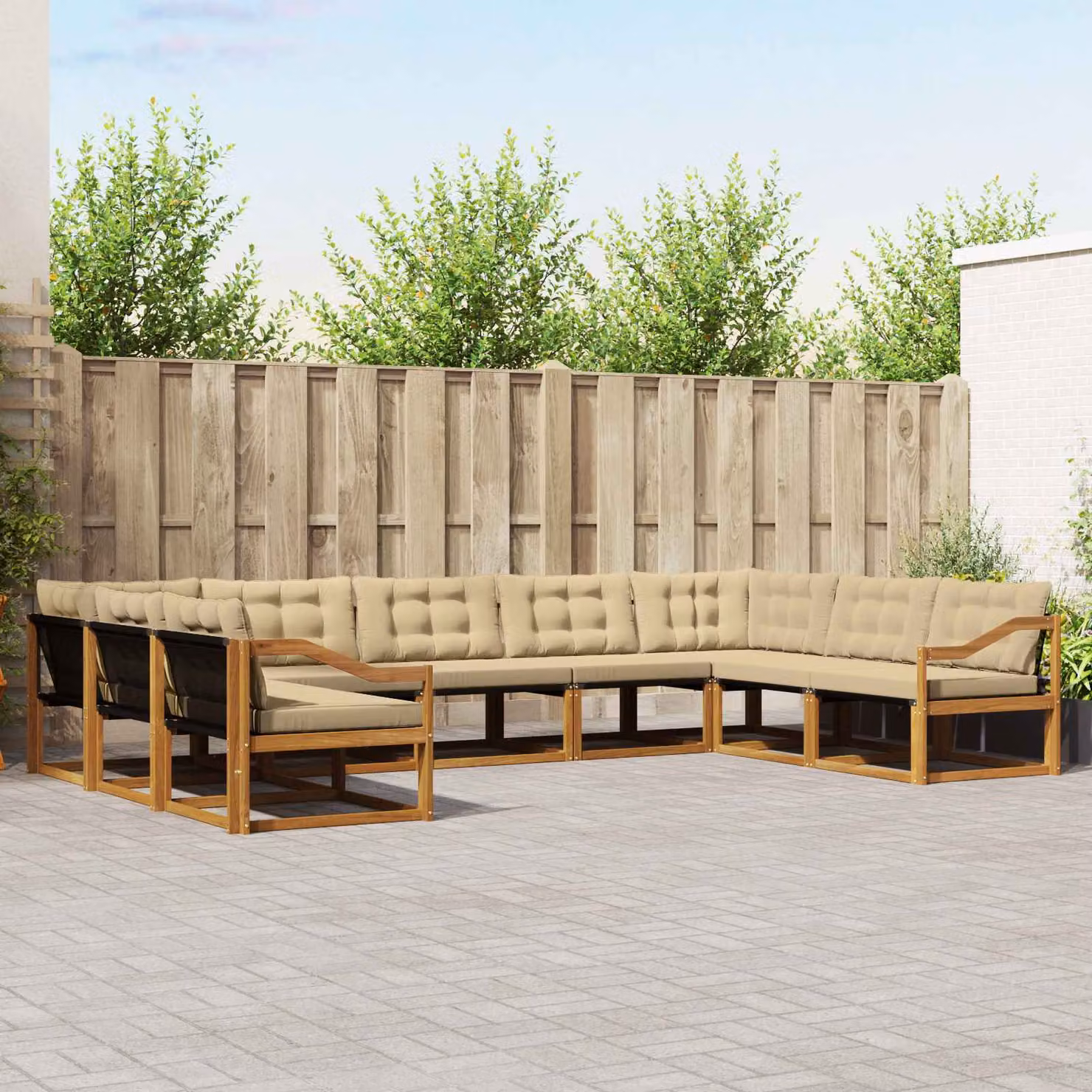 Set di divani da esterno vidaXL 9 pz a forma di U in legno di acacia e tessuto textilene, colore beige e marrone