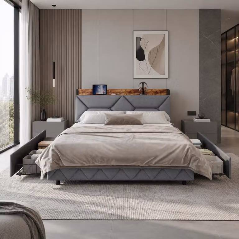Letto matrimoniale in metallo imbottito, 160x200 cm, con 4 cassetti, letto per ragazzi con funzione di ricarica USB, struttura del letto con testiera e spazio contenitivo nascosto, colore grigio lino