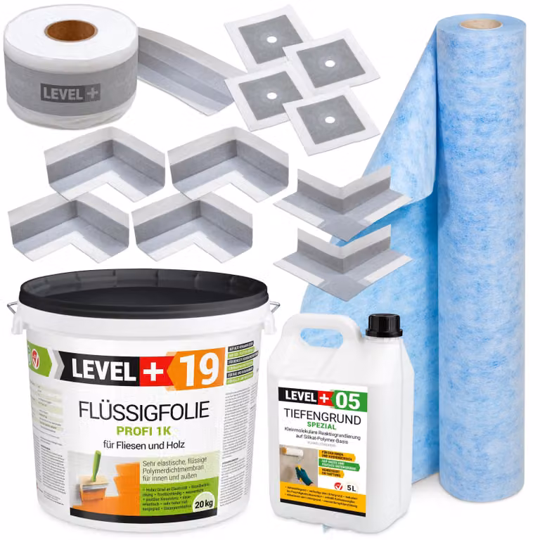 Kit per l'impermeabilizzazione: membrana liquida 20 kg, nastro 20 metri, primer 5 litri, guarnizioni per angoli, tappetino da bagno, modello LEVEL+ SET548