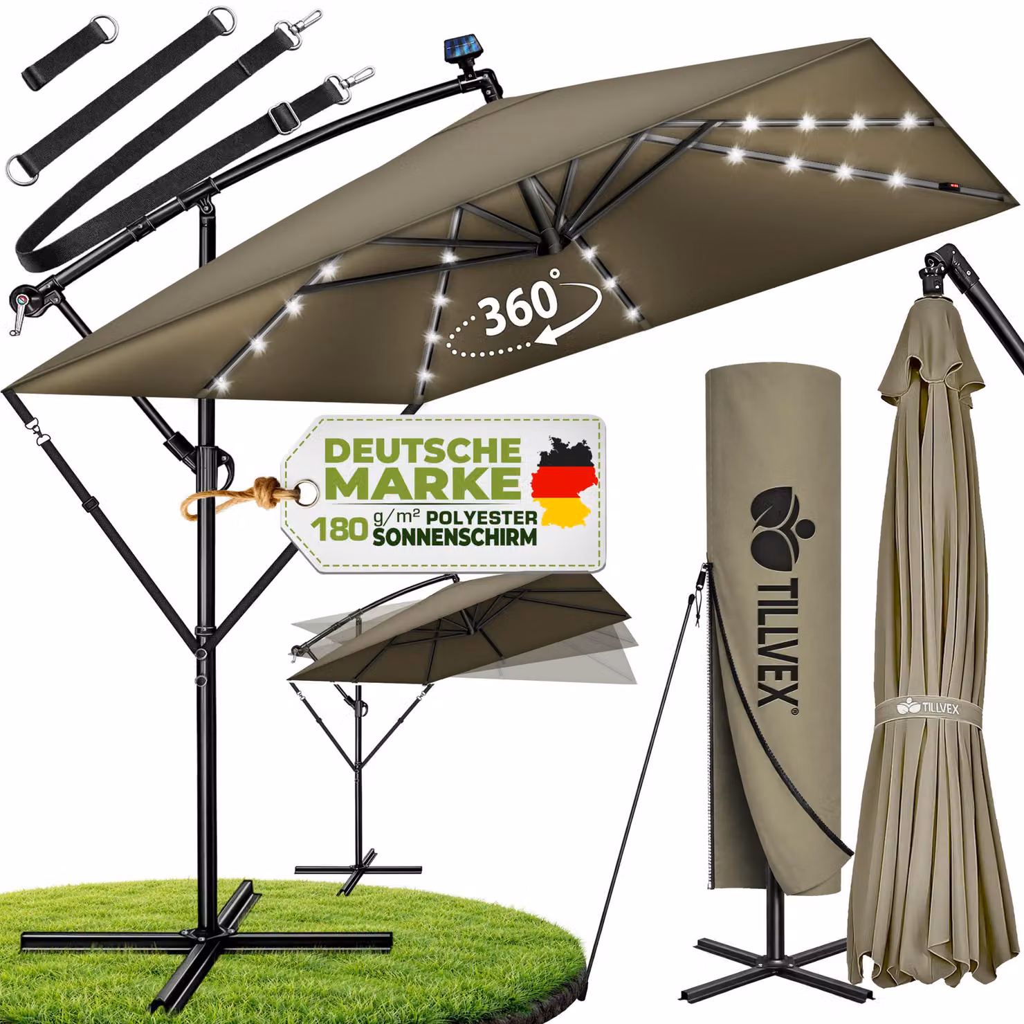 tillvex® Parasole rettangolare in alluminio, diametro 330 cm, con LED solari, colore marrone, + copertina con manovella | Parasole a gondola con supporto | Parasole da giardino, protezione UV, impermeabile, rotazione a 360°, con manovella | Parasole da me