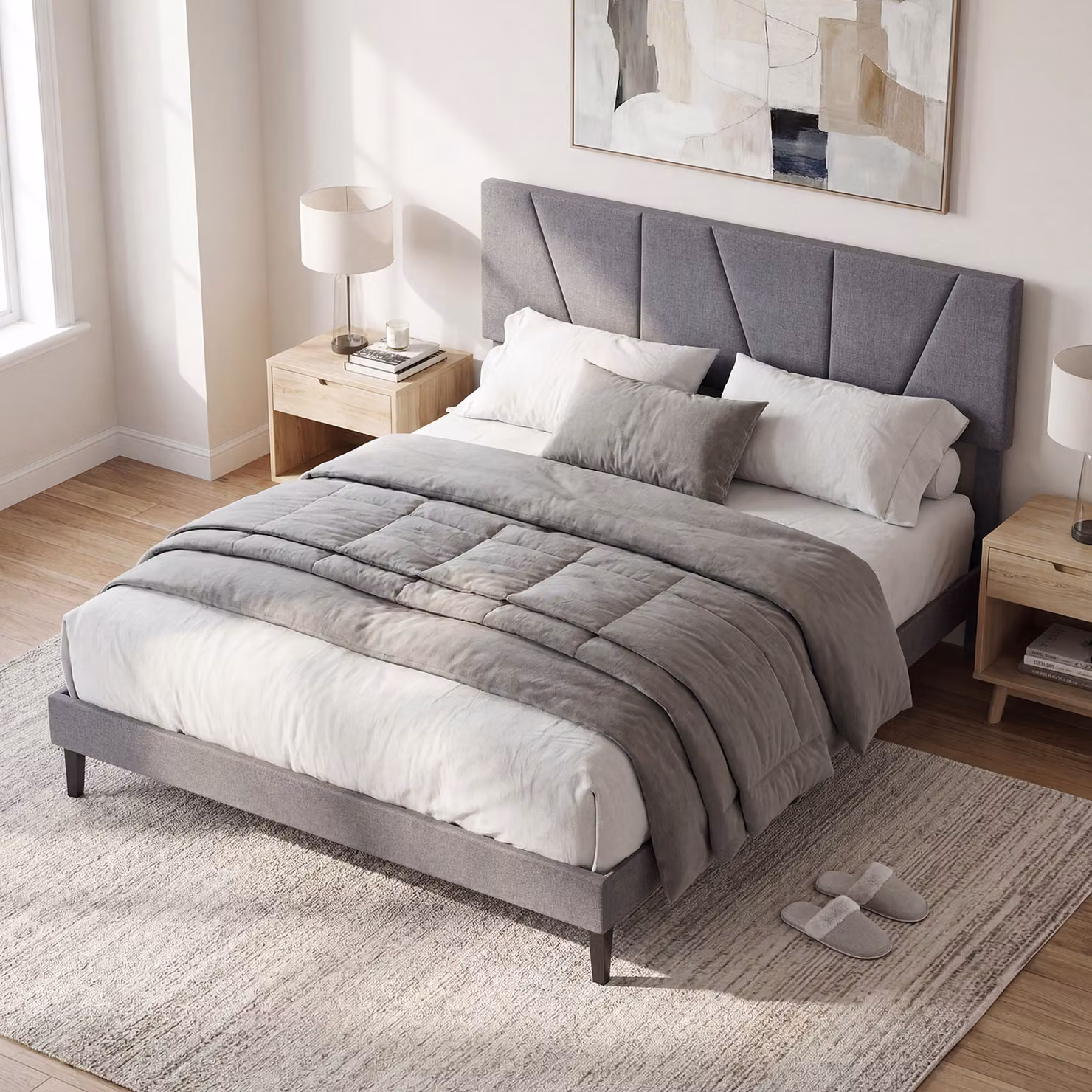 Letto matrimoniale piattaforma Costway rivestito in lino con testiera regolabile, Grigio scuro, L/P: 160 x 200 cm