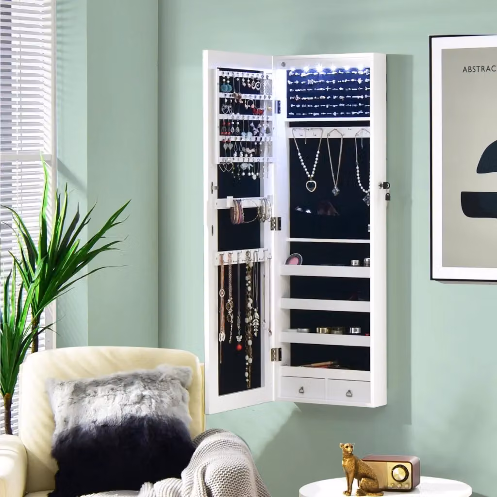 Armadio porta gioielli da parete con specchio, illuminazione LED integrata, ripiani e cassetti, Bianco – 2