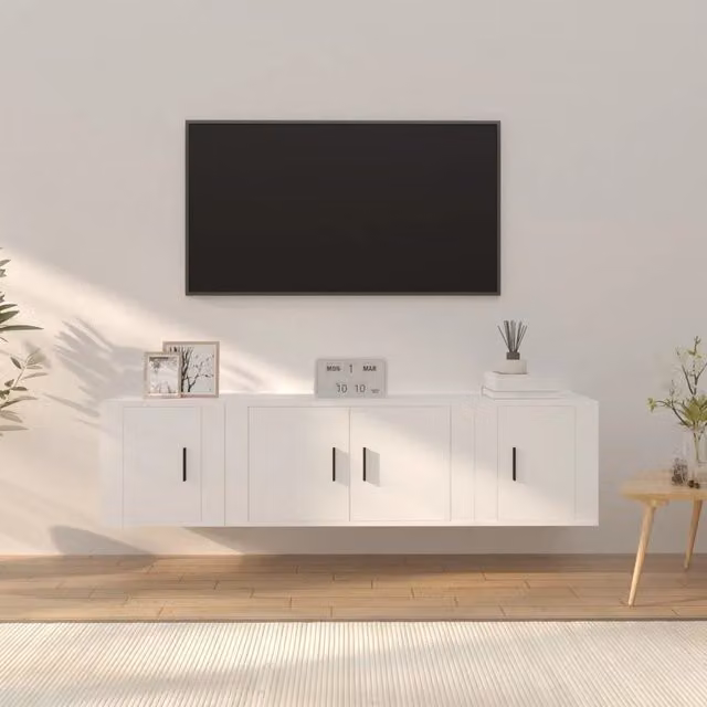 Set di 3 mobili porta TV Design In in legno multistrato bianco opaco per soggiorno, modello classico a parete, L: 80 cm, P: 40 cm, H: 34,5 cm