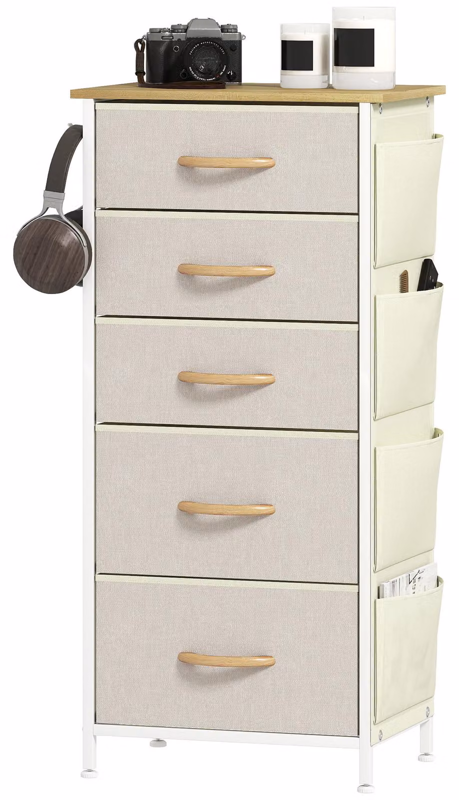 Comodino HOMCOM con 5 cassetti in tessuto non tessuto, ganci e tasca laterale, beige